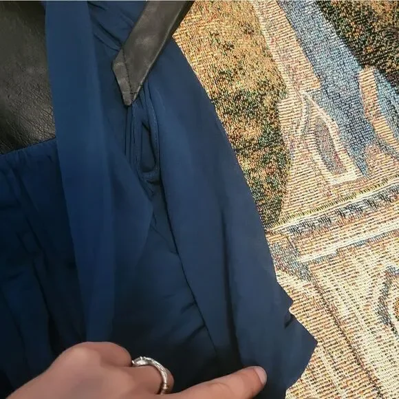 Yigal Azrouel Draped Leather Trim Cold Shoulder Designer Dress Blue 2 - Picture 8 of 13